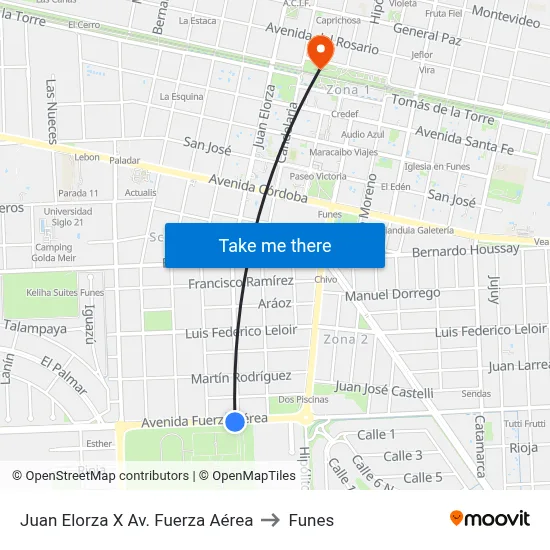 Juan Elorza X Av. Fuerza Aérea to Funes map
