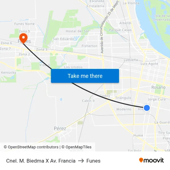 Cnel. M. Biedma X Av. Francia to Funes map