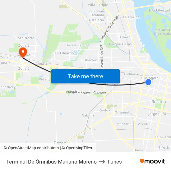 Terminal De Ómnibus Mariano Moreno to Funes map