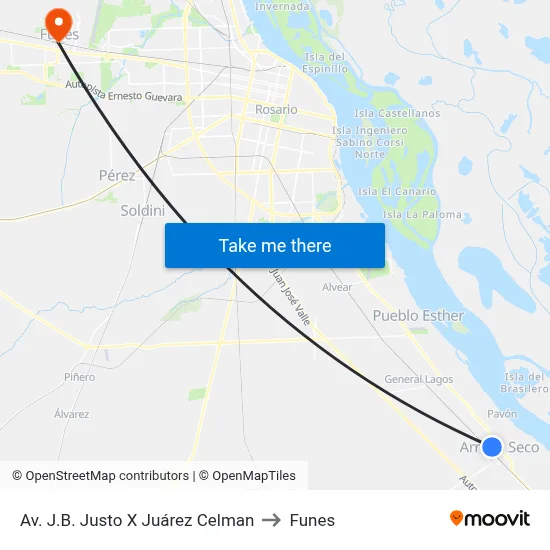 Av. J.B. Justo X Juárez Celman to Funes map