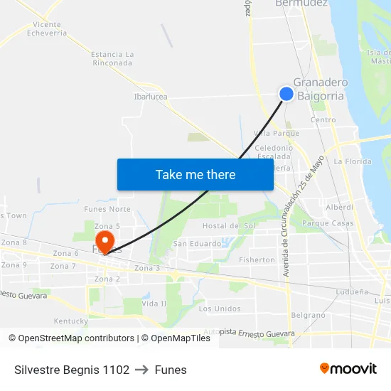 Silvestre Begnis 1102 to Funes map