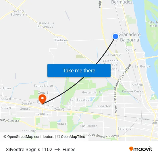 Silvestre Begnis 1102 to Funes map