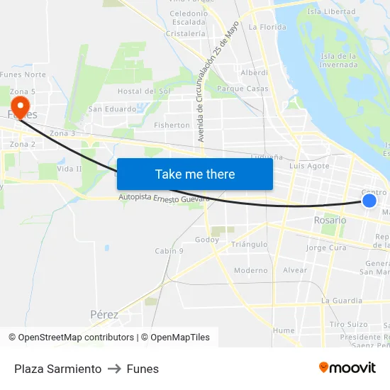 Plaza Sarmiento to Funes map