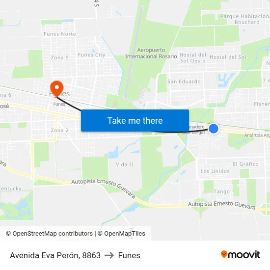 Avenida Eva Perón, 8863 to Funes map