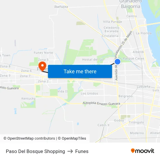 Paso Del Bosque Shopping to Funes map