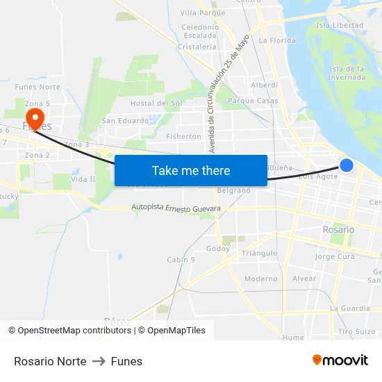 Rosario Norte to Funes map