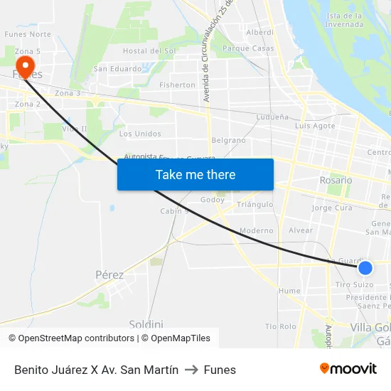 Benito Juárez X Av. San Martín to Funes map