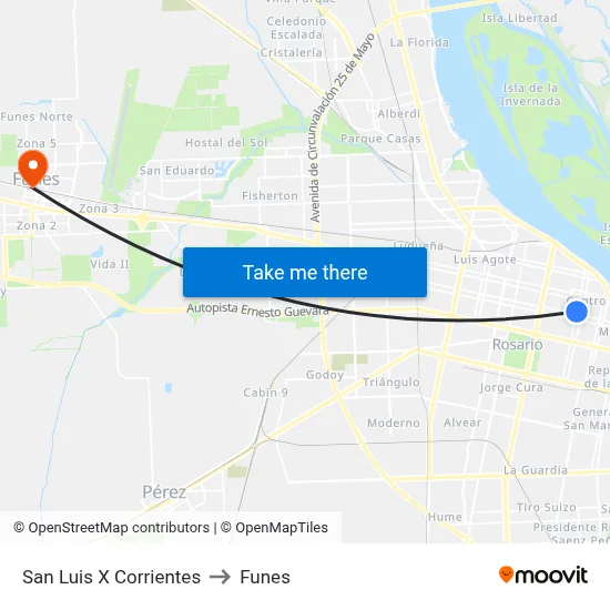 San Luis X Corrientes to Funes map