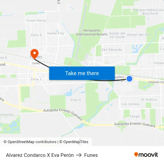 Alvarez Condarco X Eva Perón to Funes map
