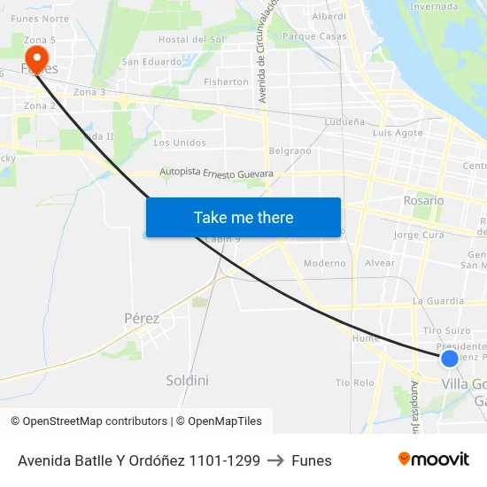 Avenida Batlle Y Ordóñez 1101-1299 to Funes map