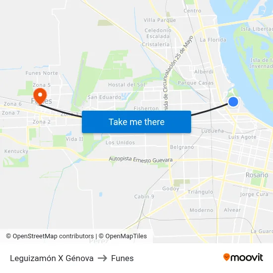 Leguizamón X Génova to Funes map