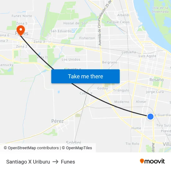 Santiago X Uriburu to Funes map