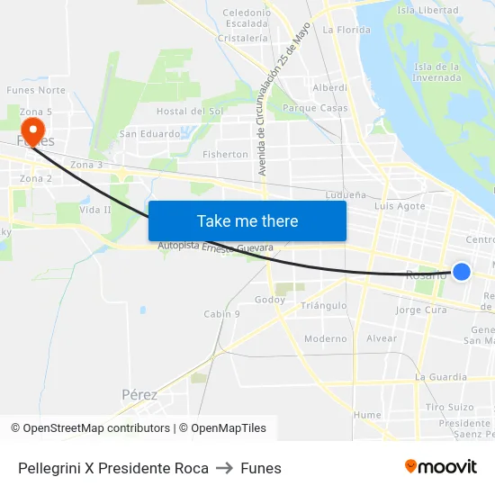 Pellegrini X Presidente Roca to Funes map