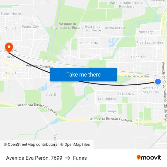 Avenida Eva Perón, 7699 to Funes map