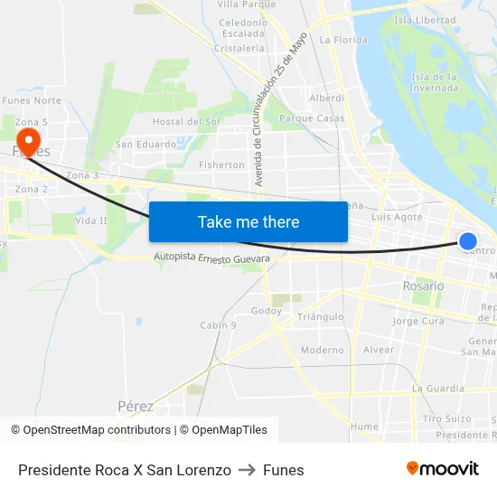 Presidente Roca X San Lorenzo to Funes map