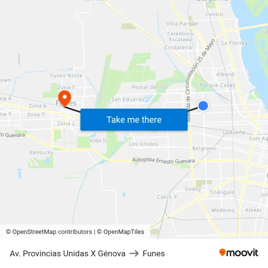 Av. Provincias Unidas X Génova to Funes map