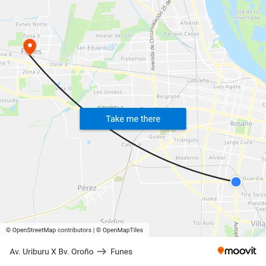 Av. Uriburu X Bv. Oroño to Funes map