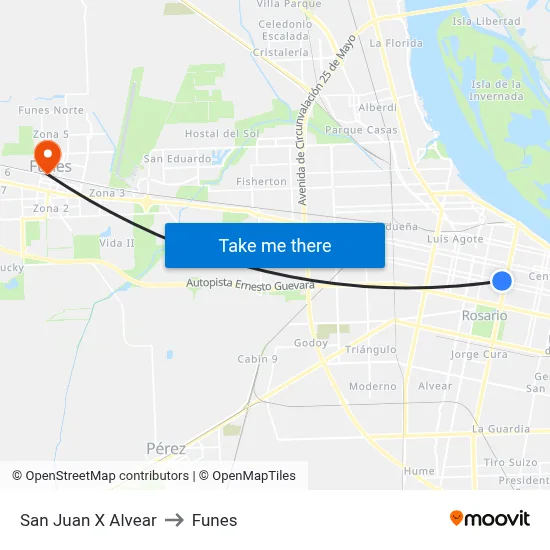 San Juan X Alvear to Funes map