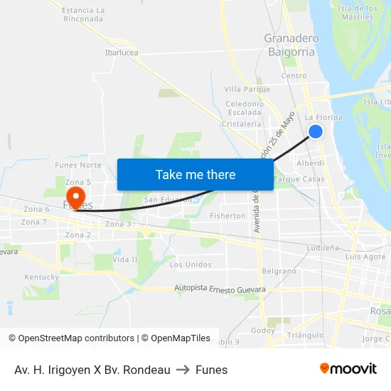 Av. H. Irigoyen X Bv. Rondeau to Funes map