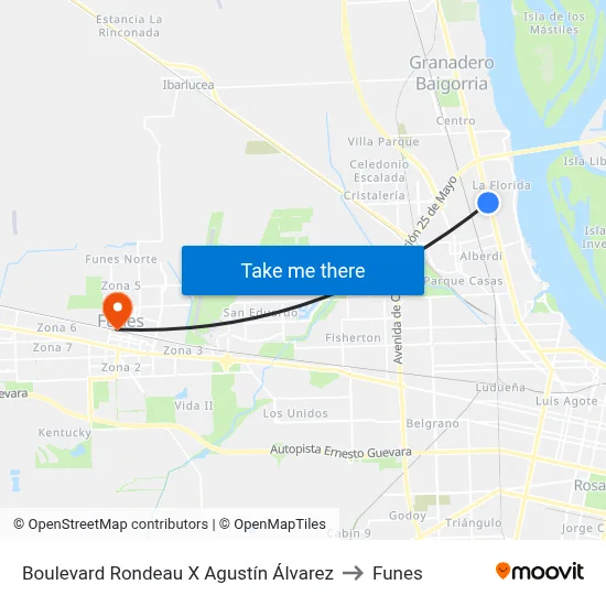 Boulevard Rondeau X Agustín Álvarez to Funes map