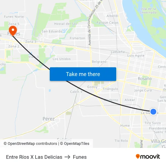 Entre Ríos X Las Delicias to Funes map
