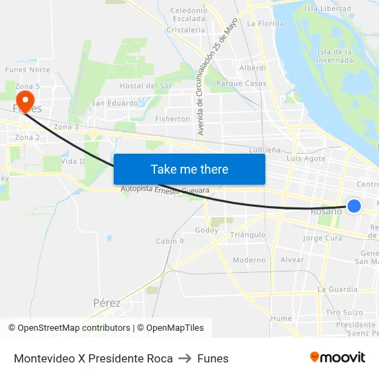 Montevideo X Presidente Roca to Funes map