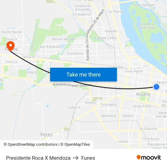 Presidente Roca X Mendoza to Funes map