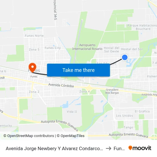 Avenida Jorge Newbery Y Alvarez Condarco Bis to Funes map