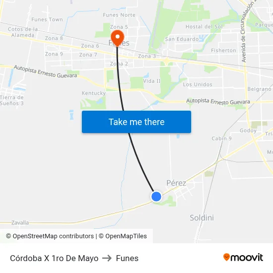 Córdoba X 1ro De Mayo to Funes map