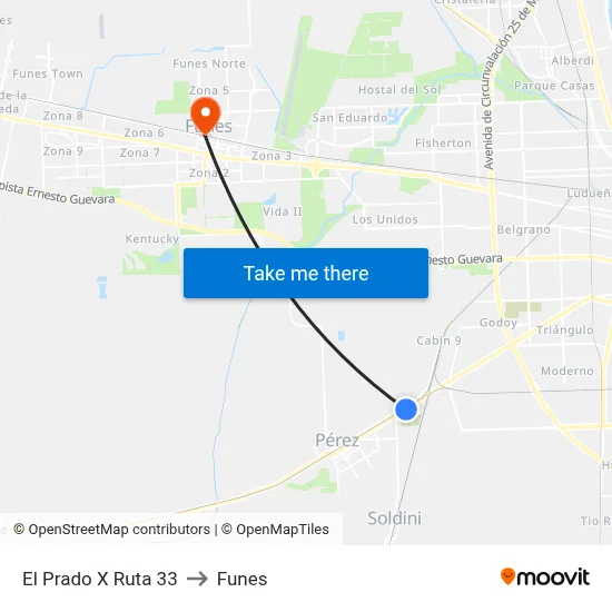 El Prado X Ruta 33 to Funes map