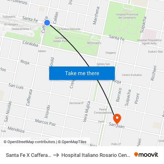 Santa Fe X Cafferata to Hospital Italiano Rosario Centro map