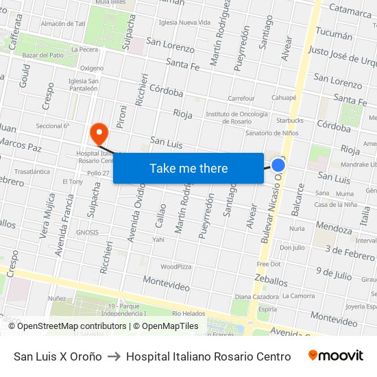 San Luis X Oroño to Hospital Italiano Rosario Centro map