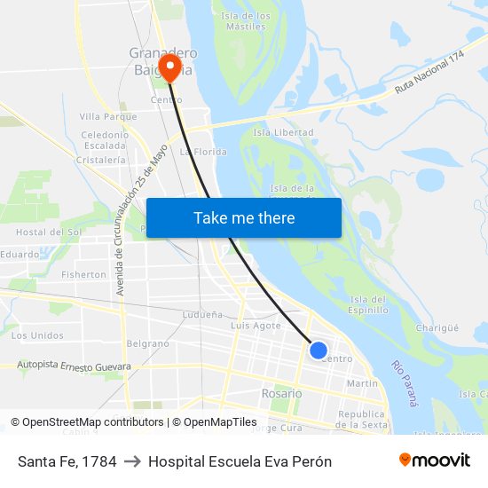 Santa Fe, 1784 to Hospital Escuela Eva Perón map