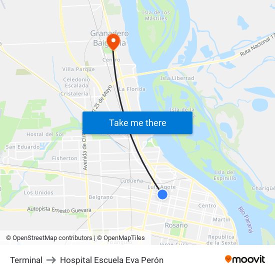 Terminal to Hospital Escuela Eva Perón map