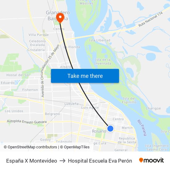 España X Montevideo to Hospital Escuela Eva Perón map