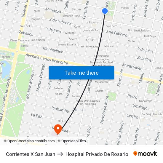 Corrientes X San Juan to Hospital Privado De Rosario map