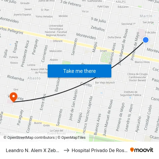 Leandro N. Alem X Zeballos to Hospital Privado De Rosario map