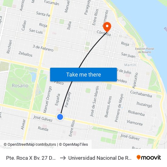 Pte. Roca X Bv. 27 De Febrero to Universidad Nacional De Rosario (Unr) map