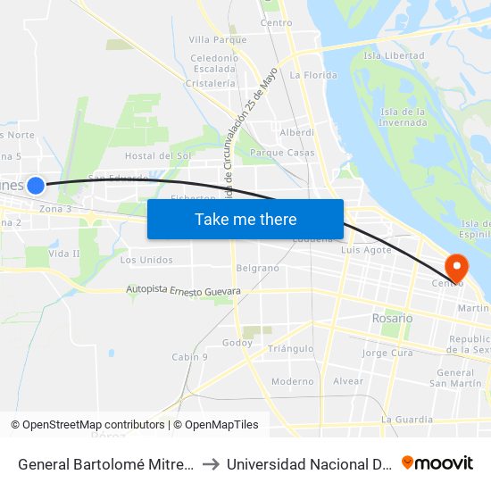 General Bartolomé Mitre Y Buenos Aires to Universidad Nacional De Rosario (Unr) map
