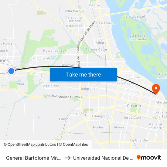 General Bartolomé Mitre Y Dorrego to Universidad Nacional De Rosario (Unr) map