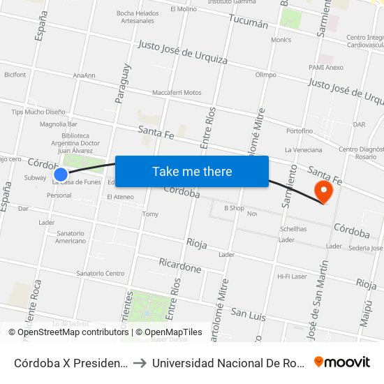 Córdoba X Presidente Roca to Universidad Nacional De Rosario (Unr) map