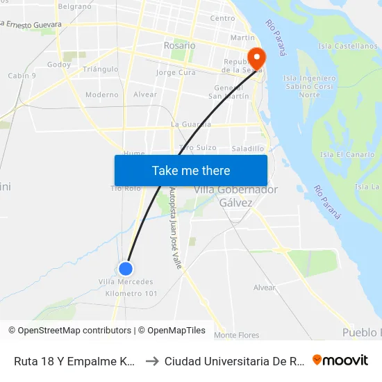Ruta 18 Y Empalme Km 291 to Ciudad Universitaria De Rosario map