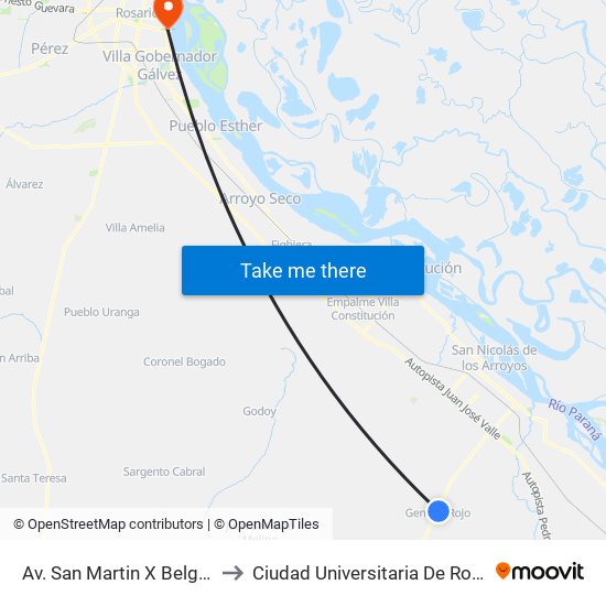 Av. San Martin X Belgrano to Ciudad Universitaria De Rosario map