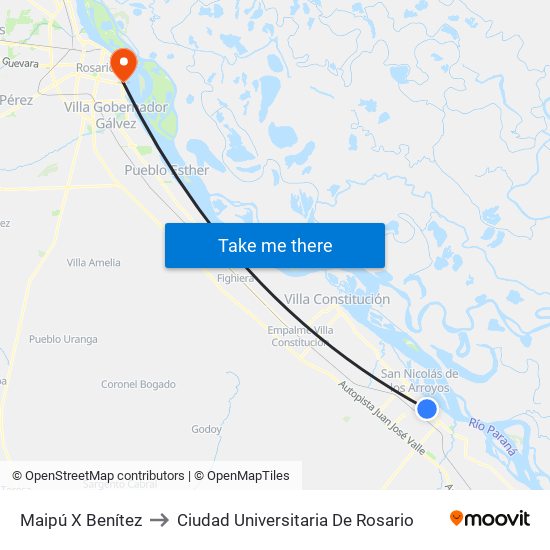 Maipú X Benítez to Ciudad Universitaria De Rosario map