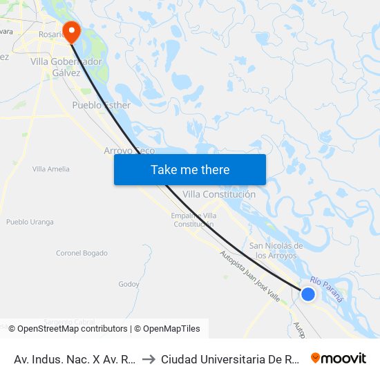 Av. Indus. Nac. X Av. Rocca to Ciudad Universitaria De Rosario map