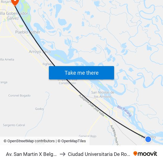 Av. San Martin X Belgrano to Ciudad Universitaria De Rosario map