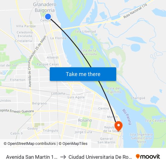 Avenida San Martín 1295 to Ciudad Universitaria De Rosario map