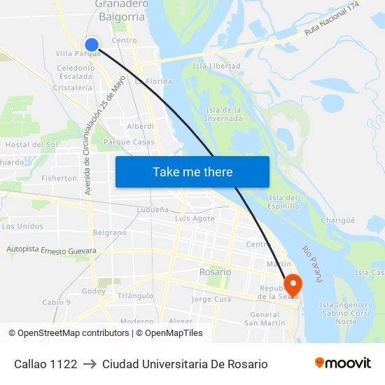 Callao 1122 to Ciudad Universitaria De Rosario map
