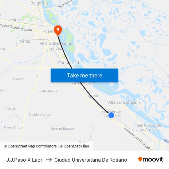 J.J.Paso X Lapri to Ciudad Universitaria De Rosario map