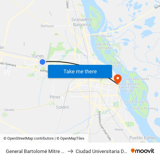 General Bartolomé Mitre Y Dorrego to Ciudad Universitaria De Rosario map